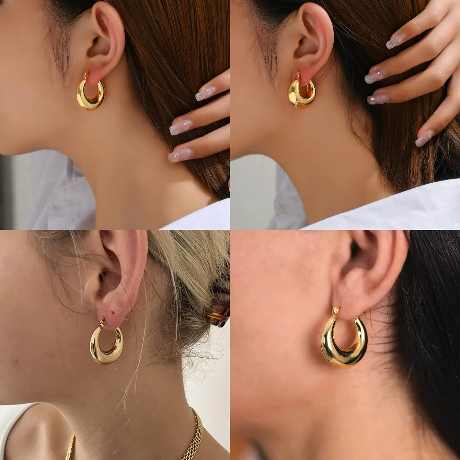SLOONG 3 Pairs 14k Gold Plated Ball U Shape Pin Y2K Style Chunky Earring Link Chain Chunky Circle Hoop Earrings Paperclip Link Chain Jewelry Drop Dangle Earrings set for women