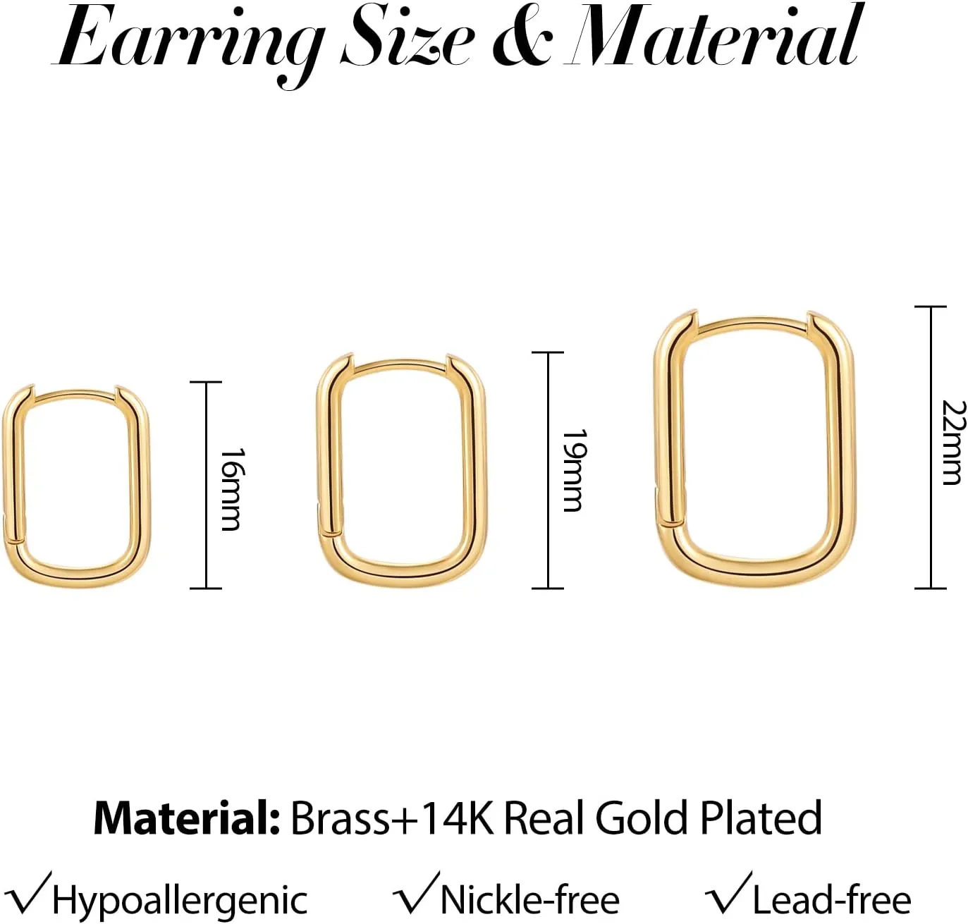 Sloong 3pairs Hoop Earrings Set 14K Gold Plated Lightweight Hypoallergenic Chunky Square Star Heart Twist Hoop Earrings Gold Rectangle Earring for Women Gift