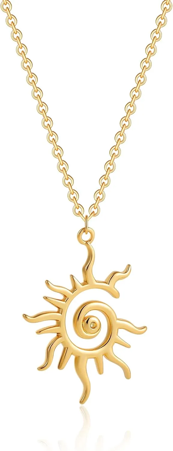 SLOONG Gold Charm Necklace for Women, 14K Gold Plated Sun Necklac Spiral Design Pendant Necklace, Elegant Sun Necklaces Jewelry Gift for Her