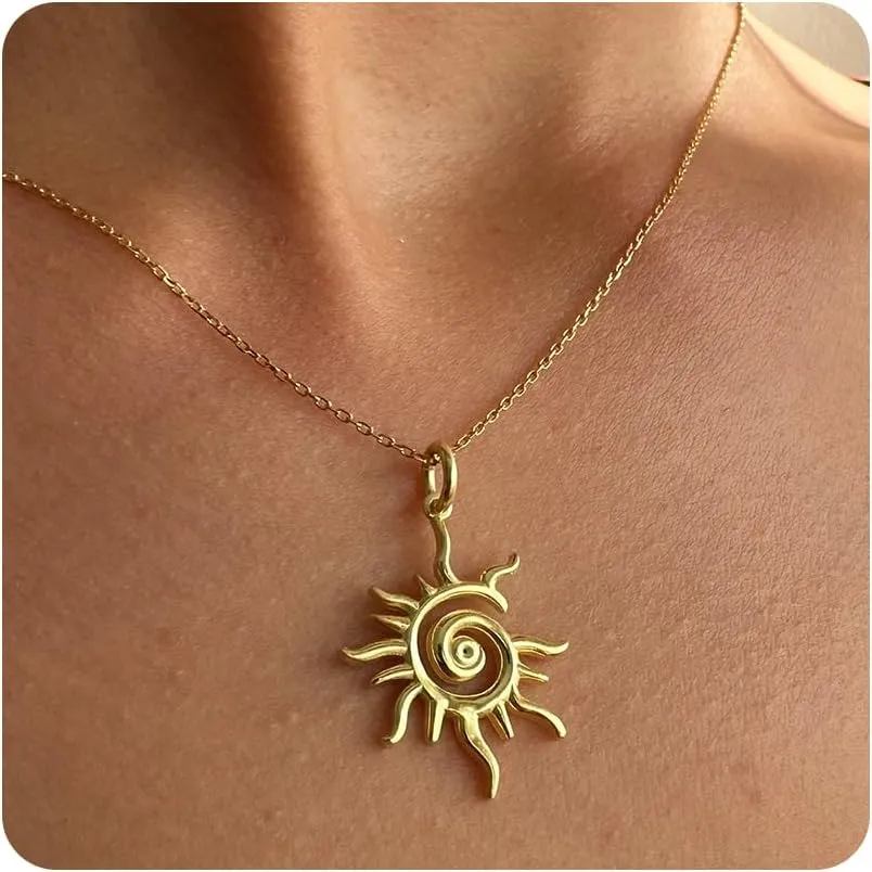 SLOONG Gold Charm Necklace for Women, 14K Gold Plated Sun Necklac Spiral Design Pendant Necklace, Elegant Sun Necklaces Jewelry Gift for Her