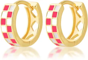Small Checkered Hoop Earrings, Multicolor Enamel Hoops Earrings for Women, Tiny Round Circle Huggie Hypoallergenic Earrings Piercing Jewellery Gift for Women