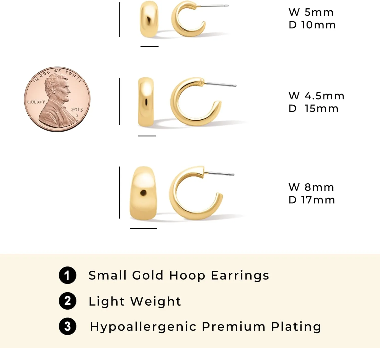 Small Gold Hoop Earrings 3Set - 14K Gold Plated Chunky Lightweight Huggie Multipack for Women