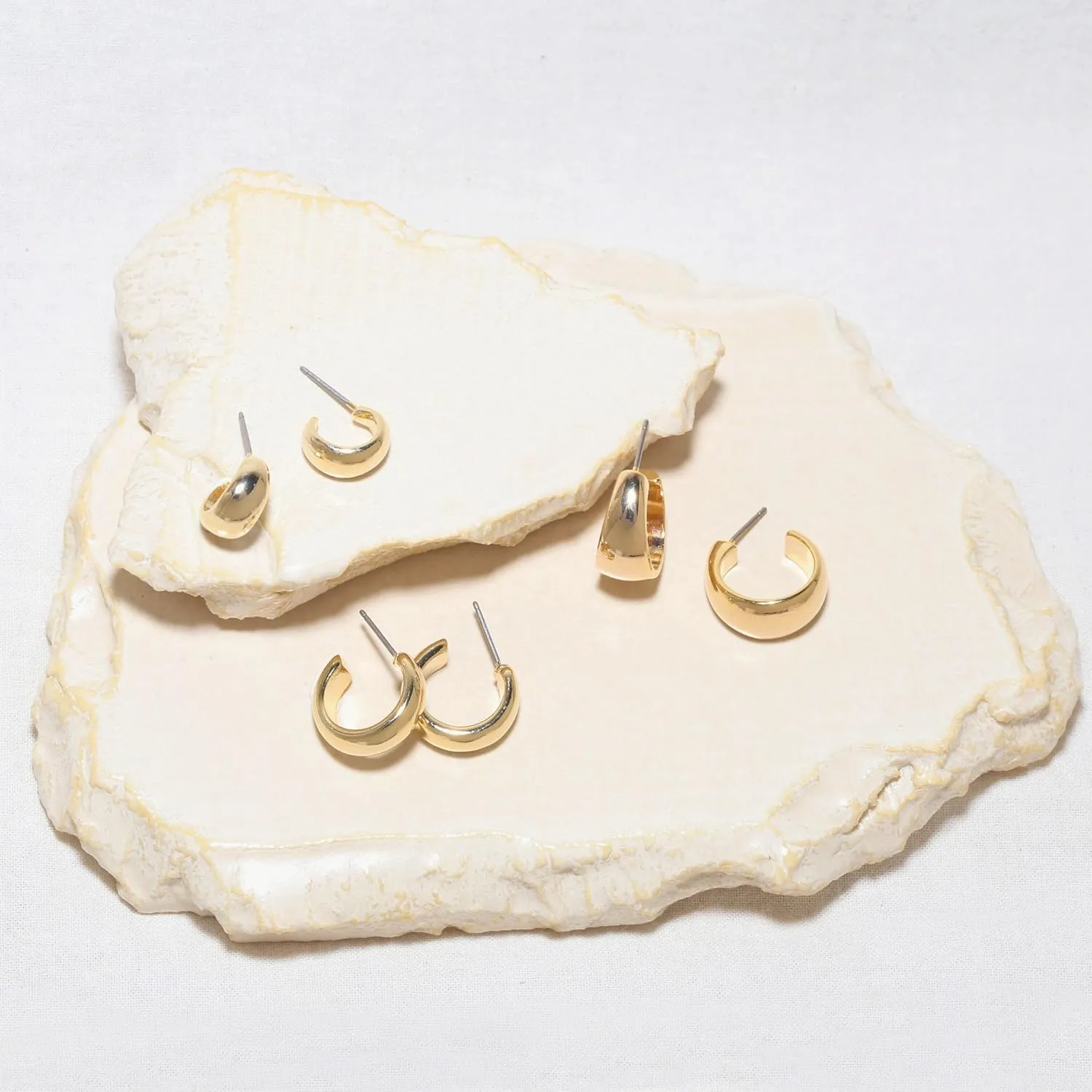 Small Gold Hoop Earrings 3Set - 14K Gold Plated Chunky Lightweight Huggie Multipack for Women