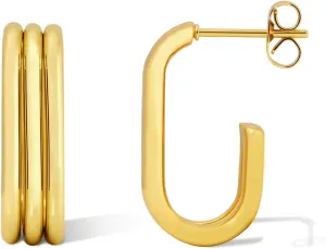 Small Gold Triple Hoop Earrings for Women, 14K Gold Plated U-Shaped Dangle Jewelry, Hypoallergenic Open Huggie Hoop Design, Trendy Statement Piece for Daily & Party Wear
