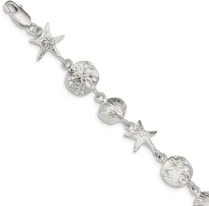 Solid Sterling Silver 7" Seashells, Starfish and Sand Dollar Bracelet - 14mm wide - Beach Jewelry - Pura Vida - Bohemian Bracelet for Women