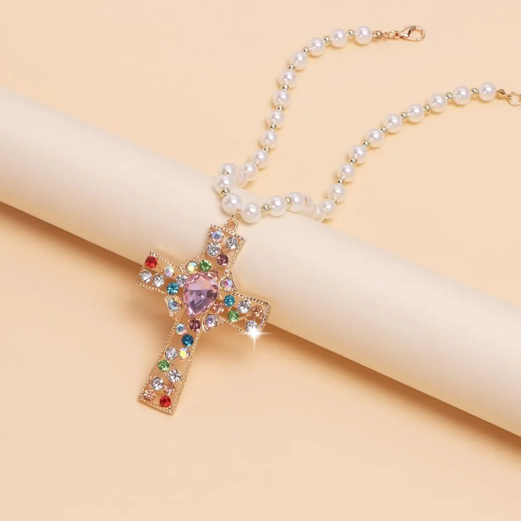 Sparkling Pearl Zircon Cross Pendant Necklaces for Women Adjustable Gold Round Pearl Bead Crucifix Choker Faith Based Jewelry Gifts for Baptism