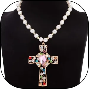 Sparkling Pearl Zircon Cross Pendant Necklaces for Women Adjustable Gold Round Pearl Bead Crucifix Choker Faith Based Jewelry Gifts for Baptism