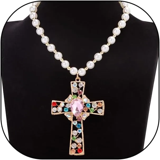 Sparkling Pearl Zircon Cross Pendant Necklaces for Women Adjustable Gold Round Pearl Bead Crucifix Choker Faith Based Jewelry Gifts for Baptism
