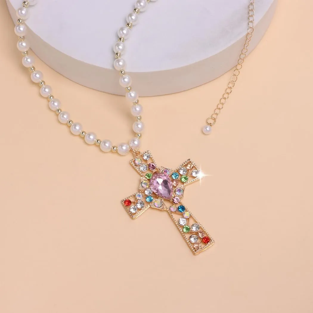 Sparkling Pearl Zircon Cross Pendant Necklaces for Women Adjustable Gold Round Pearl Bead Crucifix Choker Faith Based Jewelry Gifts for Baptism