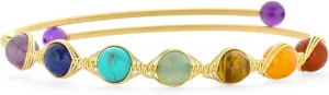 Spiritual Multicolor Colorful Healing Gemstone Yoga Chakra Bangle Small Wrist Dainty Faceted Stagger Rainbow Tourmaline Caviar Seed Beads Bracelet Earrings for Women 18K Yellow Gold Plated Adjustable