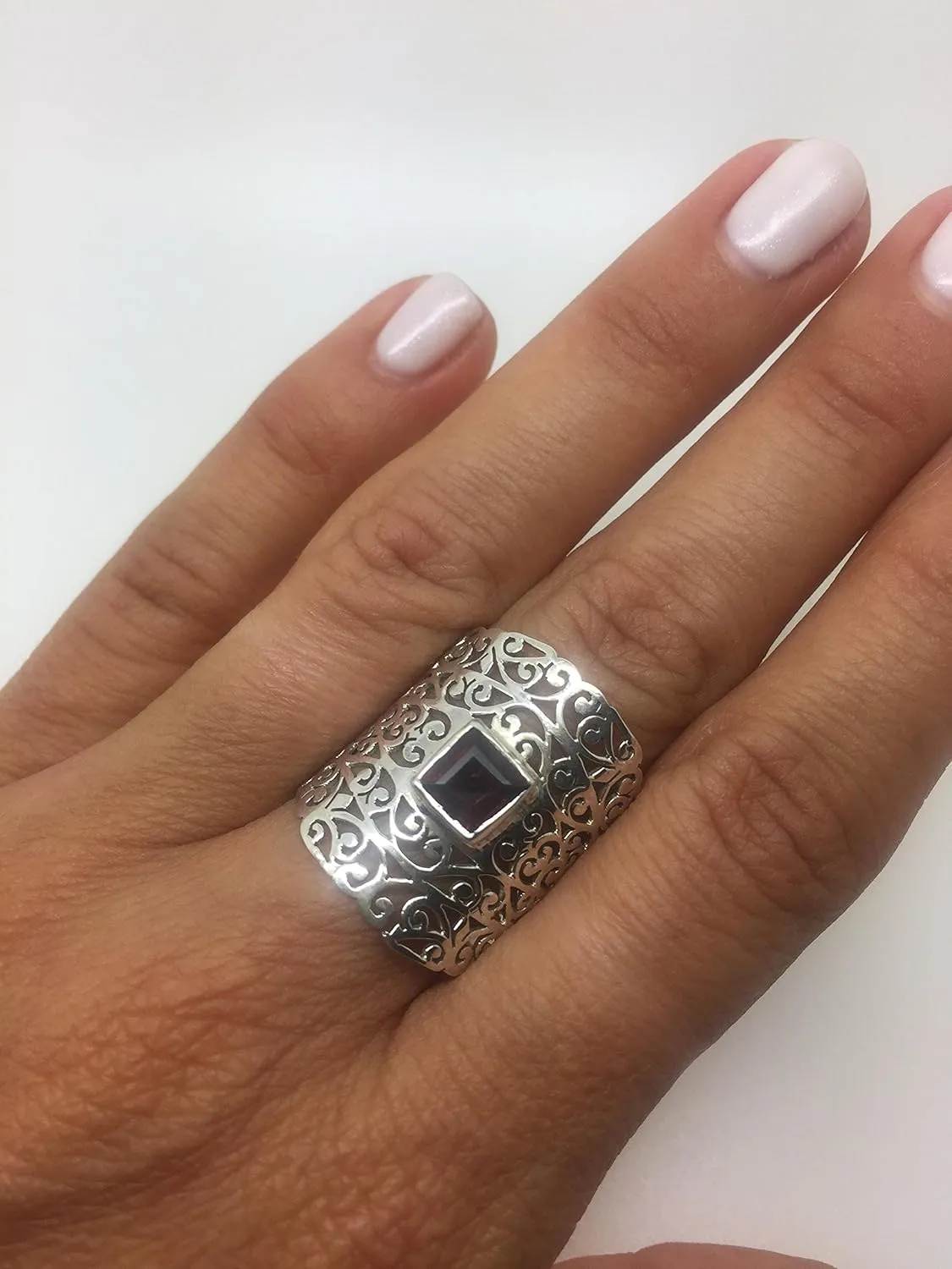 Square Garnet - 925 Sterling Silver Lace Ring - Ethnic BOHO Chic Jewelry - Fashionable and Stylish for Women with Velvet Gift Bag/Box - Made by Indian Artisans - Size 6-9