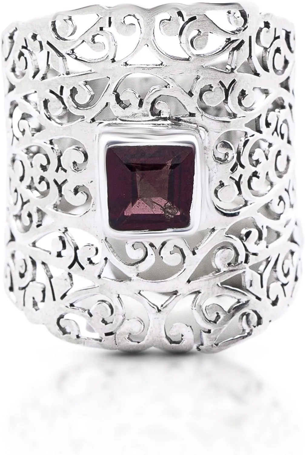 Square Garnet - 925 Sterling Silver Lace Ring - Ethnic BOHO Chic Jewelry - Fashionable and Stylish for Women with Velvet Gift Bag/Box - Made by Indian Artisans - Size 6-9