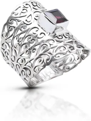 Square Garnet - 925 Sterling Silver Lace Ring - Ethnic BOHO Chic Jewelry - Fashionable and Stylish for Women with Velvet Gift Bag/Box - Made by Indian Artisans - Size 6-9