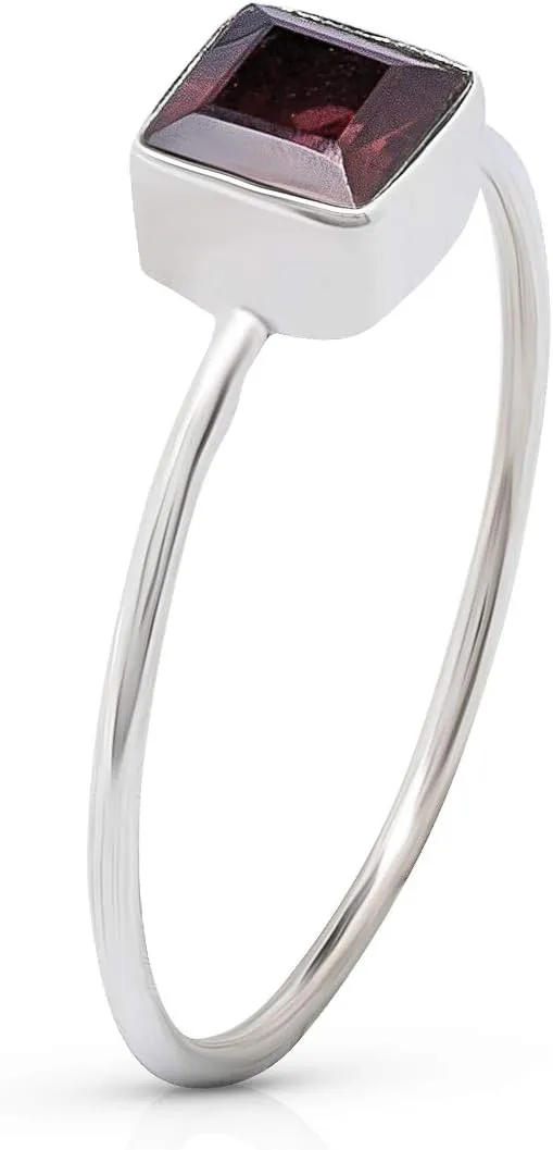 Square Garnet 925 Sterling Silver Ring - Delicate BOHO Chic Jewelry - Fashionable and Stylish for Women with Velvet Gift Bag/Box - Made by Indian Artisans - Size 5-9