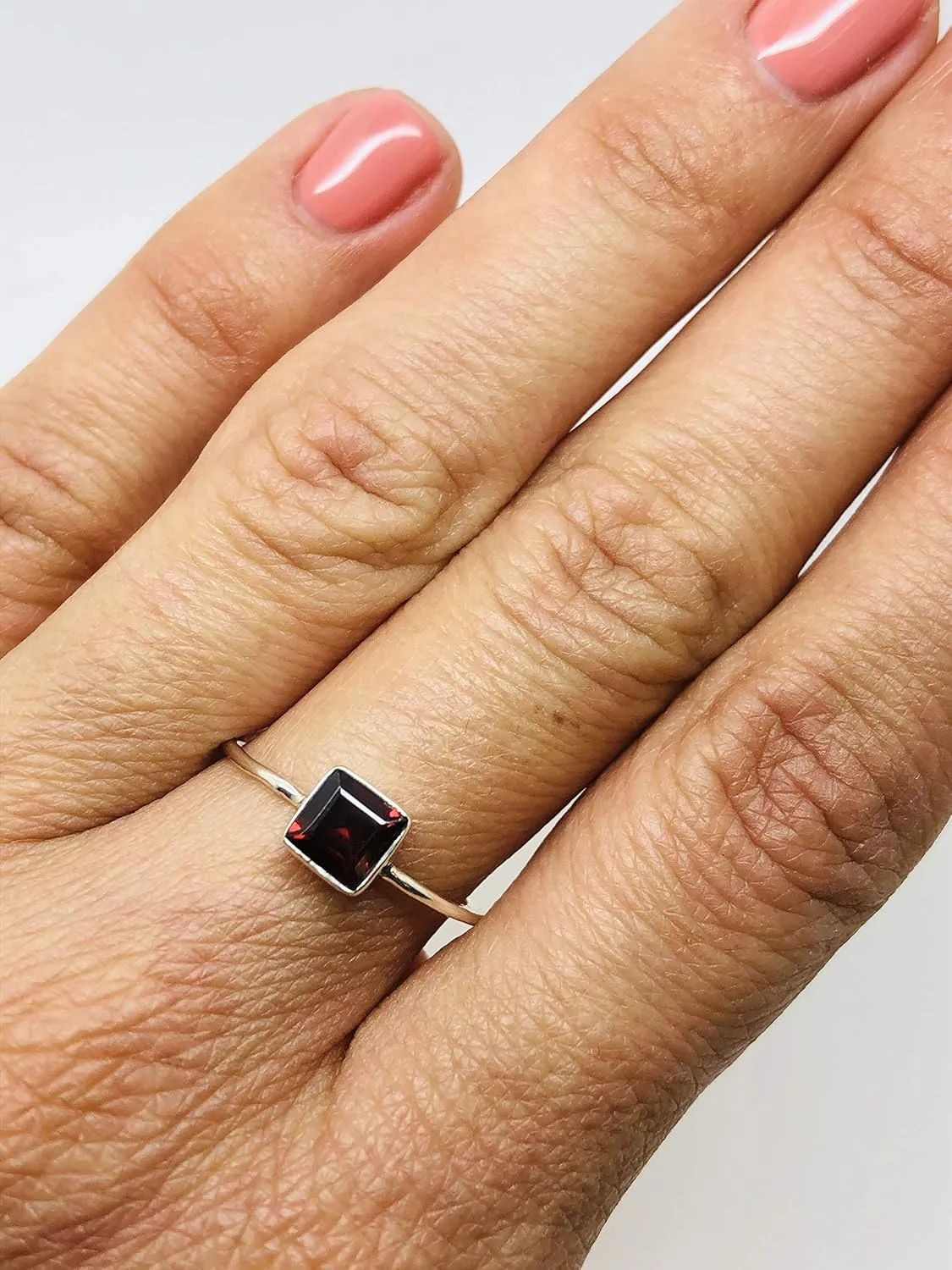 Square Garnet 925 Sterling Silver Ring - Delicate BOHO Chic Jewelry - Fashionable and Stylish for Women with Velvet Gift Bag/Box - Made by Indian Artisans - Size 5-9