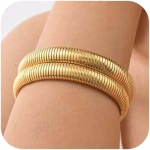Stackable Gold Chunky Bracelets Set - 2pcs 18K Gold Plated Bracelet Non-tarnish,Stainless Steel Stretched Chain Friendship Bangles Trendy Jewelry,Wedding Party Christmas Birthday Gifts for Women