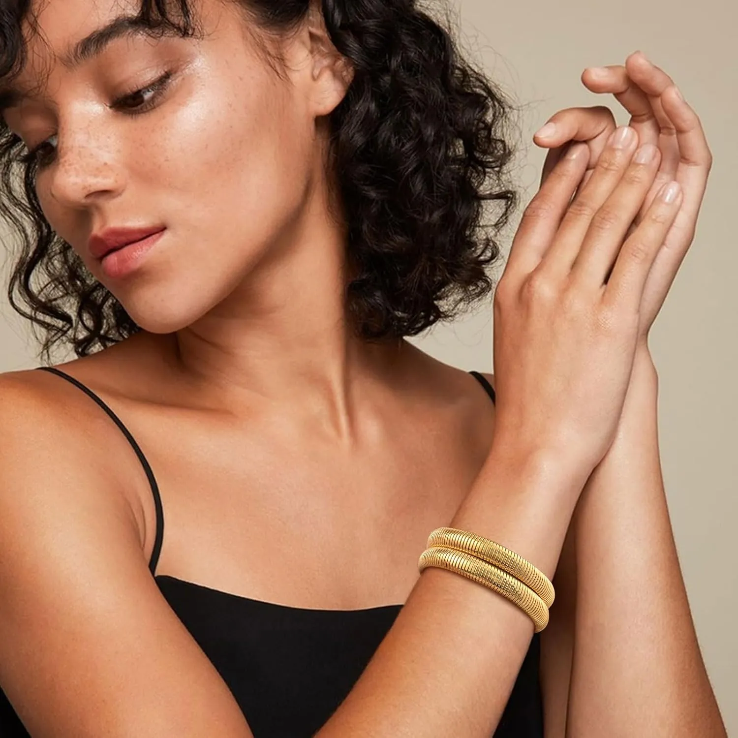 Stackable Gold Chunky Bracelets Set - 2pcs 18K Gold Plated Bracelet Non-tarnish,Stainless Steel Stretched Chain Friendship Bangles Trendy Jewelry,Wedding Party Christmas Birthday Gifts for Women