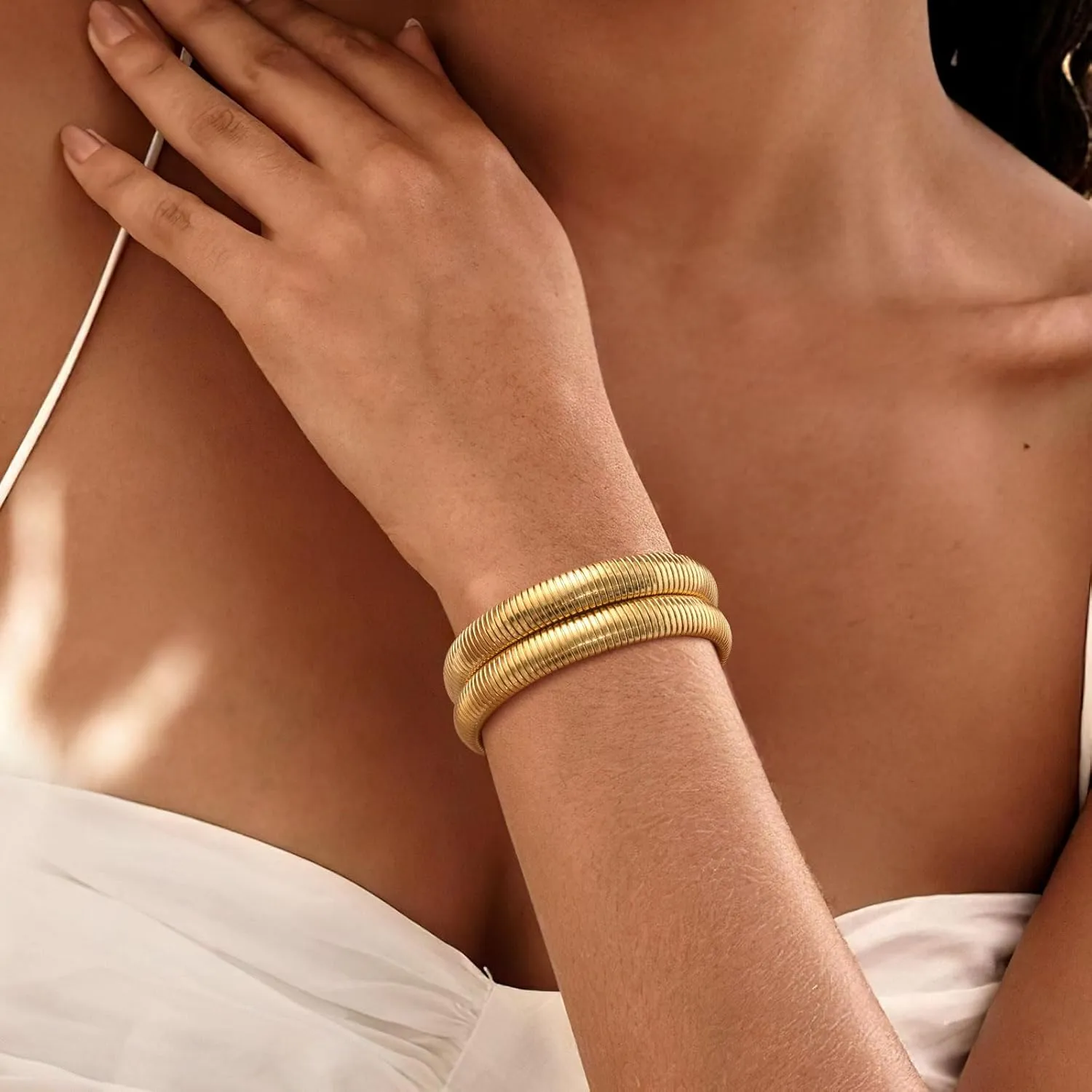 Stackable Gold Chunky Bracelets Set - 2pcs 18K Gold Plated Bracelet Non-tarnish,Stainless Steel Stretched Chain Friendship Bangles Trendy Jewelry,Wedding Party Christmas Birthday Gifts for Women