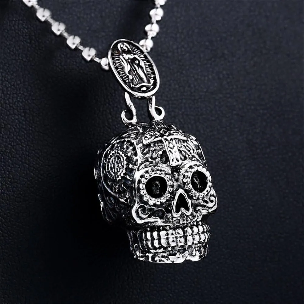 Stainless Steel Sugar Skull Pendant Necklace Gothic Skeleton Pendants for Men with 24inch Chain