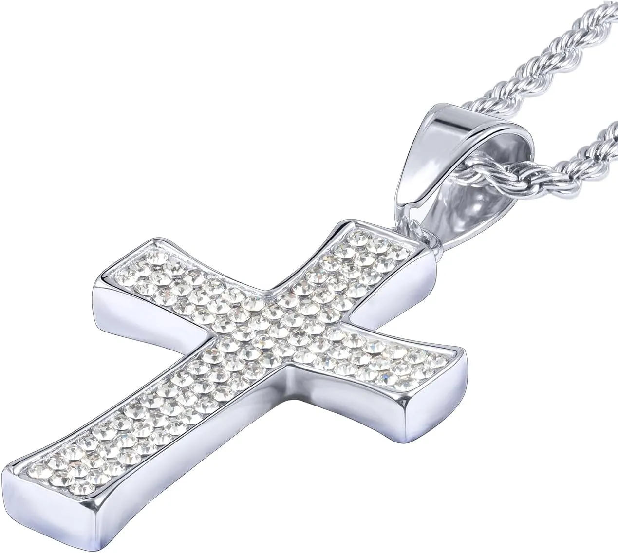 Stainless Steel Three-row A5 CZ Cross Pendant Necklace For Women&Men,On 24 In Rope Chain,Gold/Silver