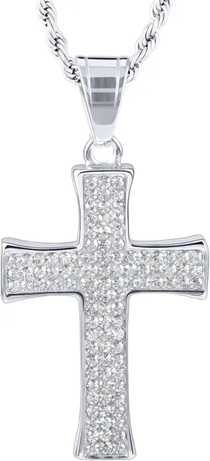 Stainless Steel Three-row A5 CZ Cross Pendant Necklace For Women&Men,On 24 In Rope Chain,Gold/Silver