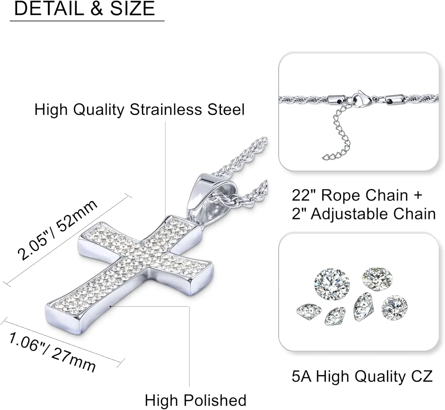Stainless Steel Three-row A5 CZ Cross Pendant Necklace For Women&Men,On 24 In Rope Chain,Gold/Silver