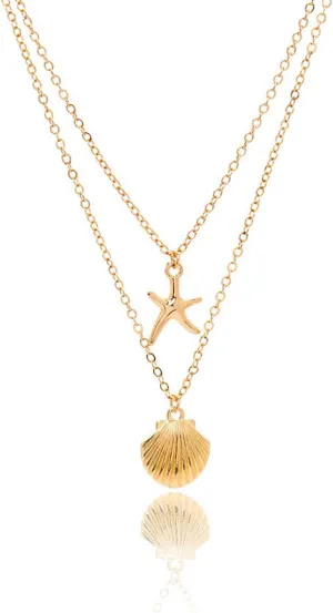 Starfish Necklace Gold and Gold Shell Necklace Set Boho Layered Shell Pendant Beach Jewelry Gold Beach Necklace for Women Seashell Charm Necklaces Sea Accessories