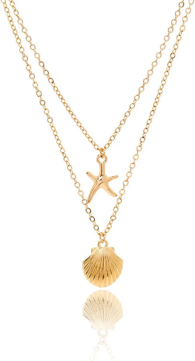 Starfish Necklace Gold and Gold Shell Necklace Set Boho Layered Shell Pendant Beach Jewelry Gold Beach Necklace for Women Seashell Charm Necklaces Sea Accessories