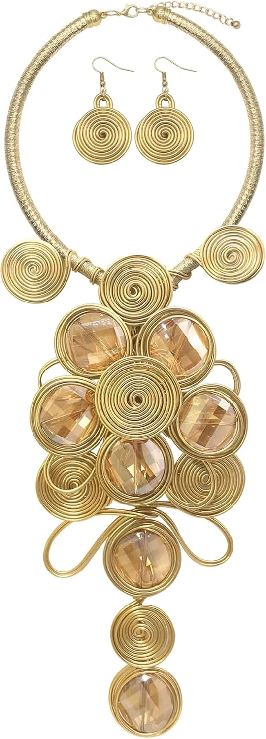 Statement African Necklace For Women African Jewelry Costume Earring Sets Tribal Fashion Colorful Big Rhinestone Crystal Pendent Collar Choker Bold Chunky Bib Handmade