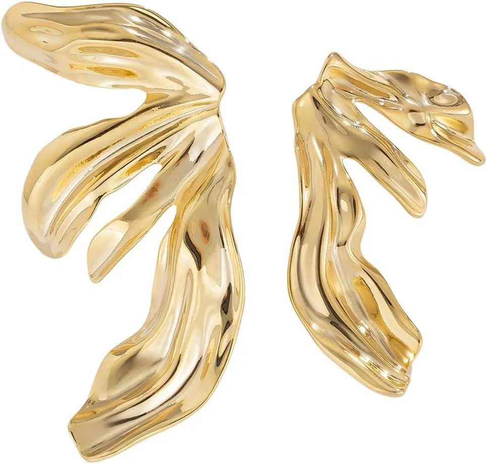 Statement Large Flower Fan Leaves Petals Stud Earrings for Women Unisex,Oversized Gold-plated Stylish Big Floral Boho Earrnigs Geometric Twist Leaf Plant Earings Trendy Fashion Jewelry (mixmatch gold)