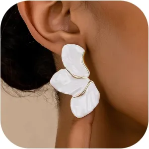 Statement Raffia Flower Earrings for Women - Large Unique Floral Design Lightweight White Blossom Dangle Jewelry Fashion Party Accessories
