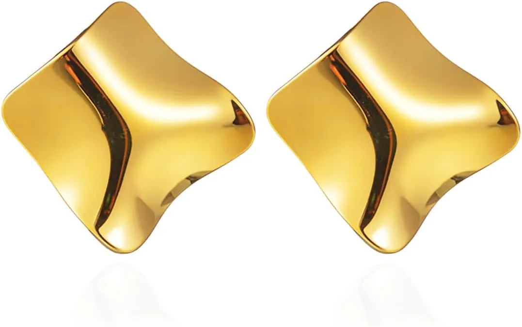 Statement Texture Square Irregular Ear Stud Earrings for Women,Minimalist Geometric Bold Designer Earrings,Modern Unique Stainless Steel Mirror Metallic Earrings Fashion Jewelry