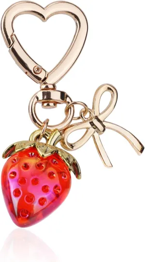 Strawberry Keychain for Women, Heart-Shaped Key Chain with Bow Charm Cute Strawberry Bow Decor Stylish Key Ring for Key Wallet Backpack Bag Purse Accessories