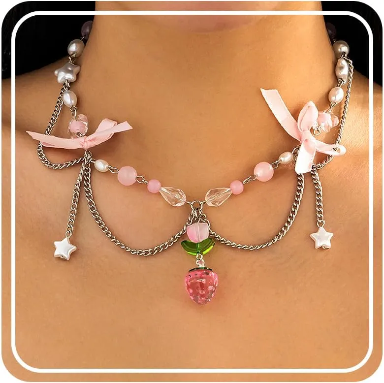 Strawberry Necklace Y2K Pearl Strawberry Bow Butterfly Heart Choker Beaded Boho Summer Benchy Lovely Fruit Pendant Layered Necklace Jewelry for Women