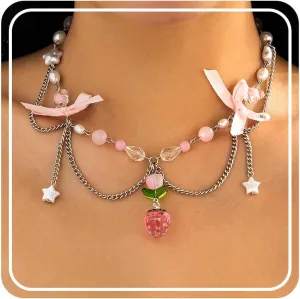 Strawberry Necklace Y2K Pearl Strawberry Bow Butterfly Heart Choker Beaded Boho Summer Benchy Lovely Fruit Pendant Layered Necklace Jewelry for Women