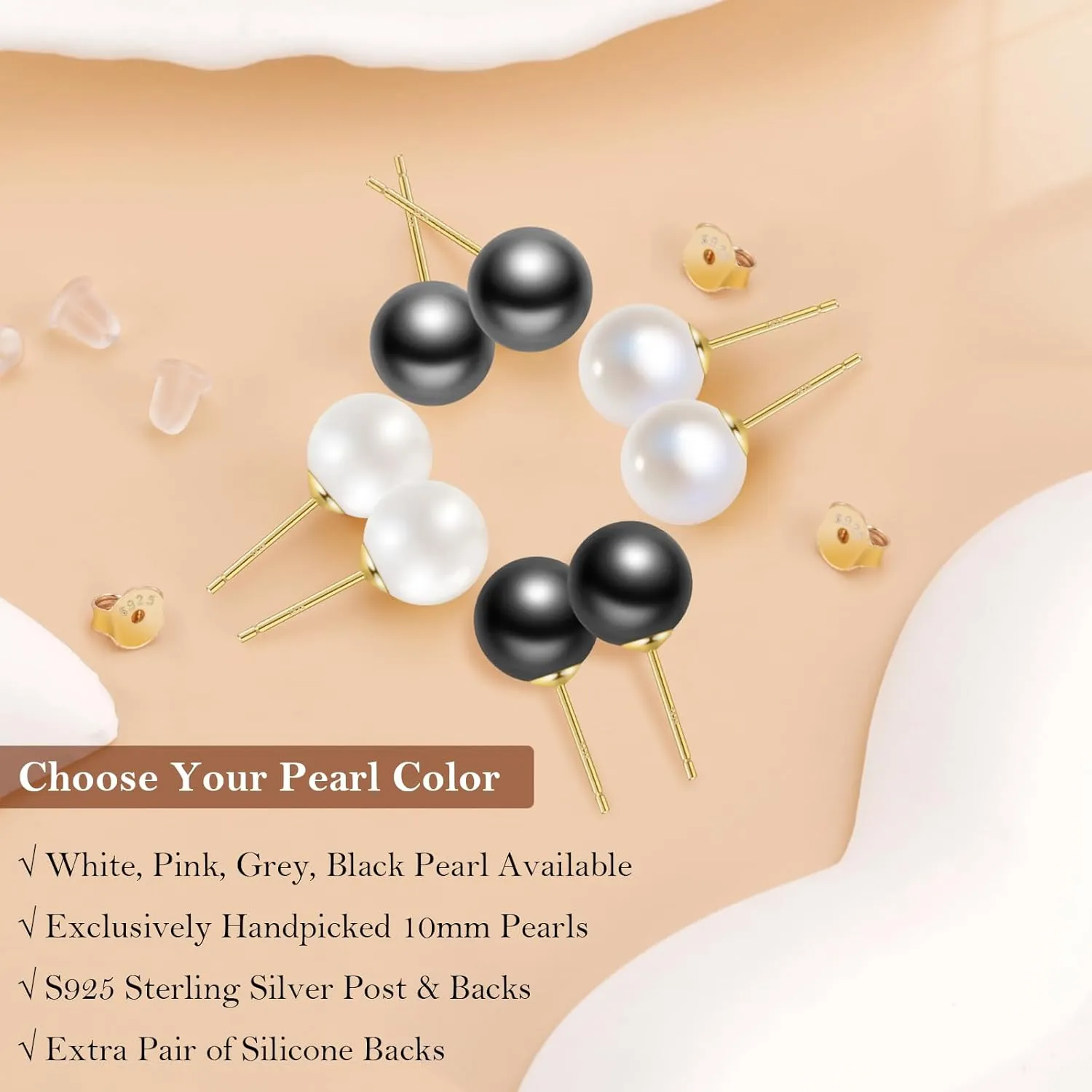 Stud Earrings for Women, Hypoallergenic Sterling Silver Post Dainty Pearl, Black Onyx, Halo Cubic Zirconia Earrings Studs