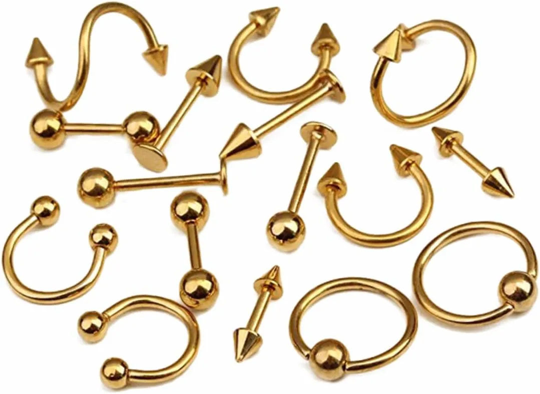 Stunning 16pc Tongue Ring Assortment Gold Plated Piercing Jewelry for Women Body Jewelry Set