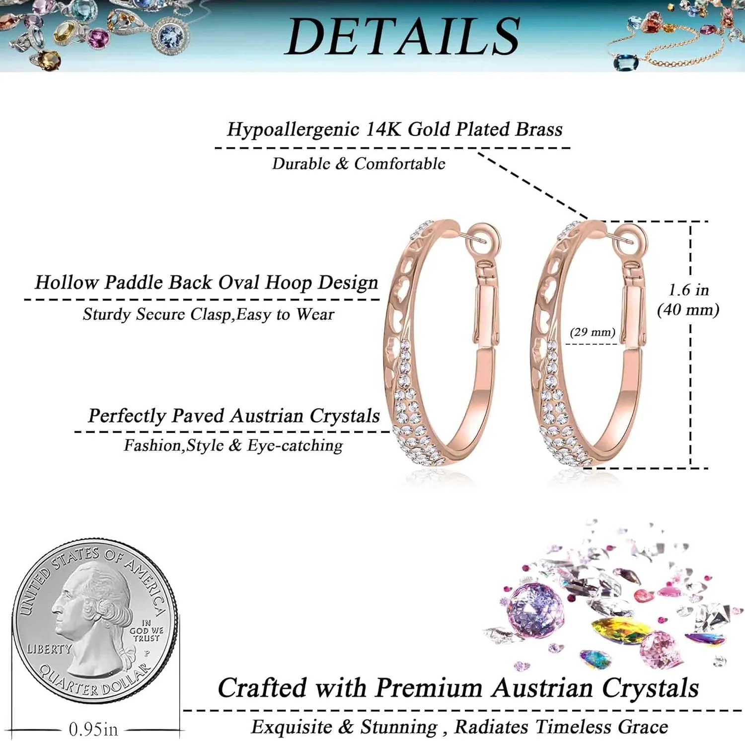 Stunning Austrian Crystal Hollow Hoop Earrings for Women Fashion 14K Gold Plated Hypoallergenic Jewelry Gift
