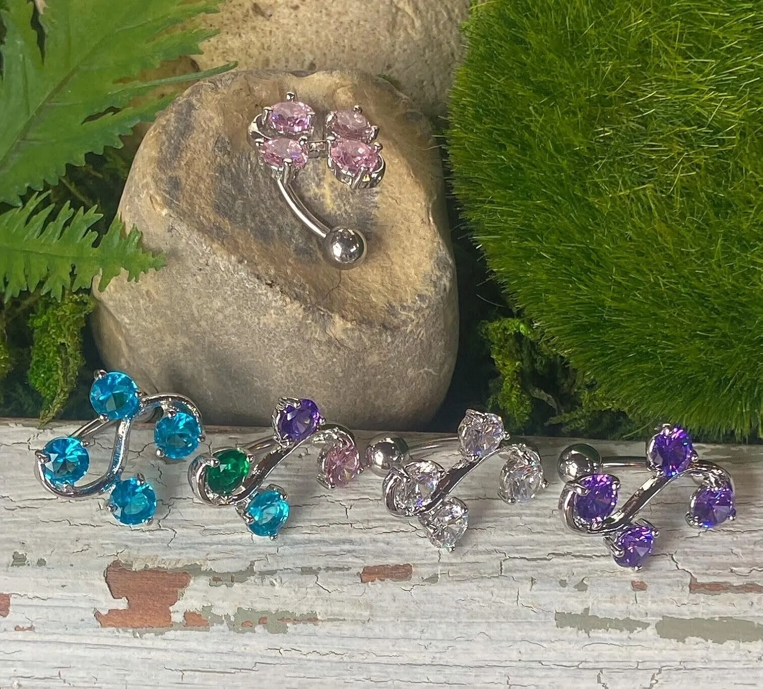 Stunning Reverse Vine CZ Gem Belly Ring- Navel Top Down - Body Jewelry