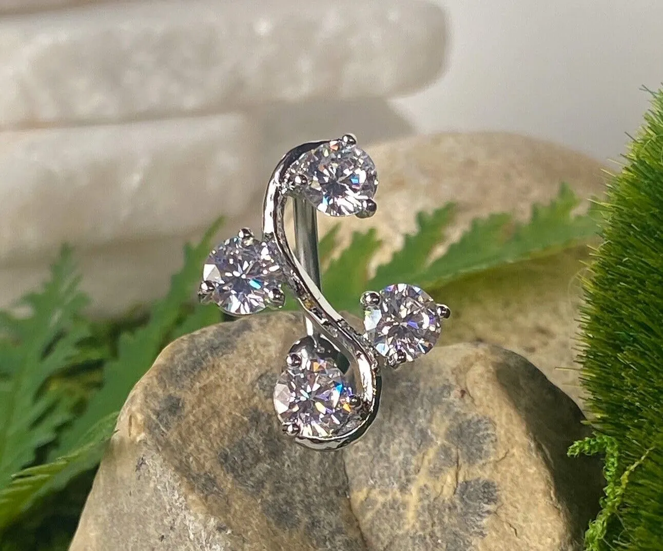 Stunning Reverse Vine CZ Gem Belly Ring- Navel Top Down - Body Jewelry