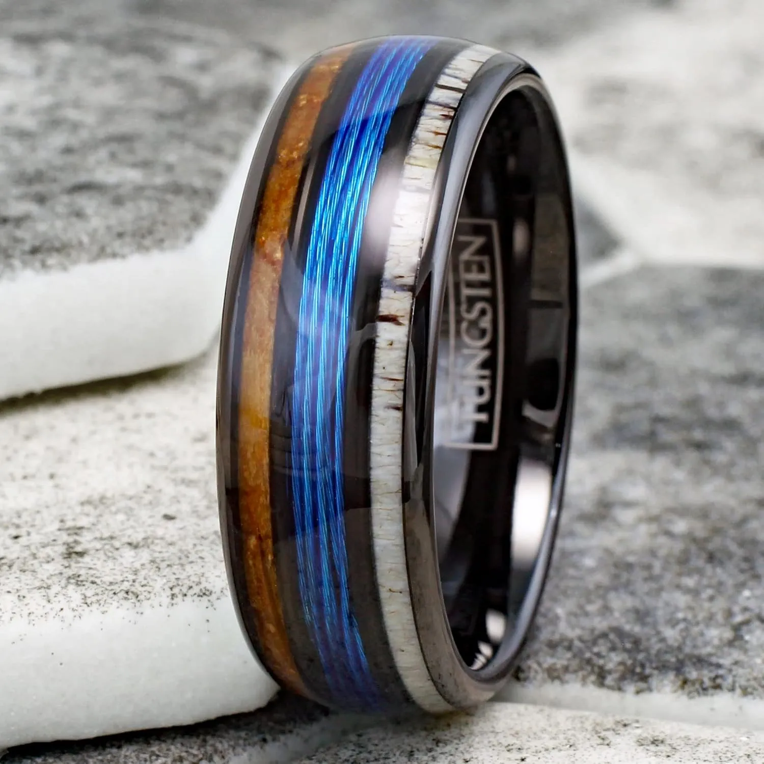 Stunning Unique 6mm/8mm Polished Black Tungsten Carbide Low Dome Band Ring with Fishing Line Between Whiskey Barrel Oak Wood and Deer Antler Inlays.