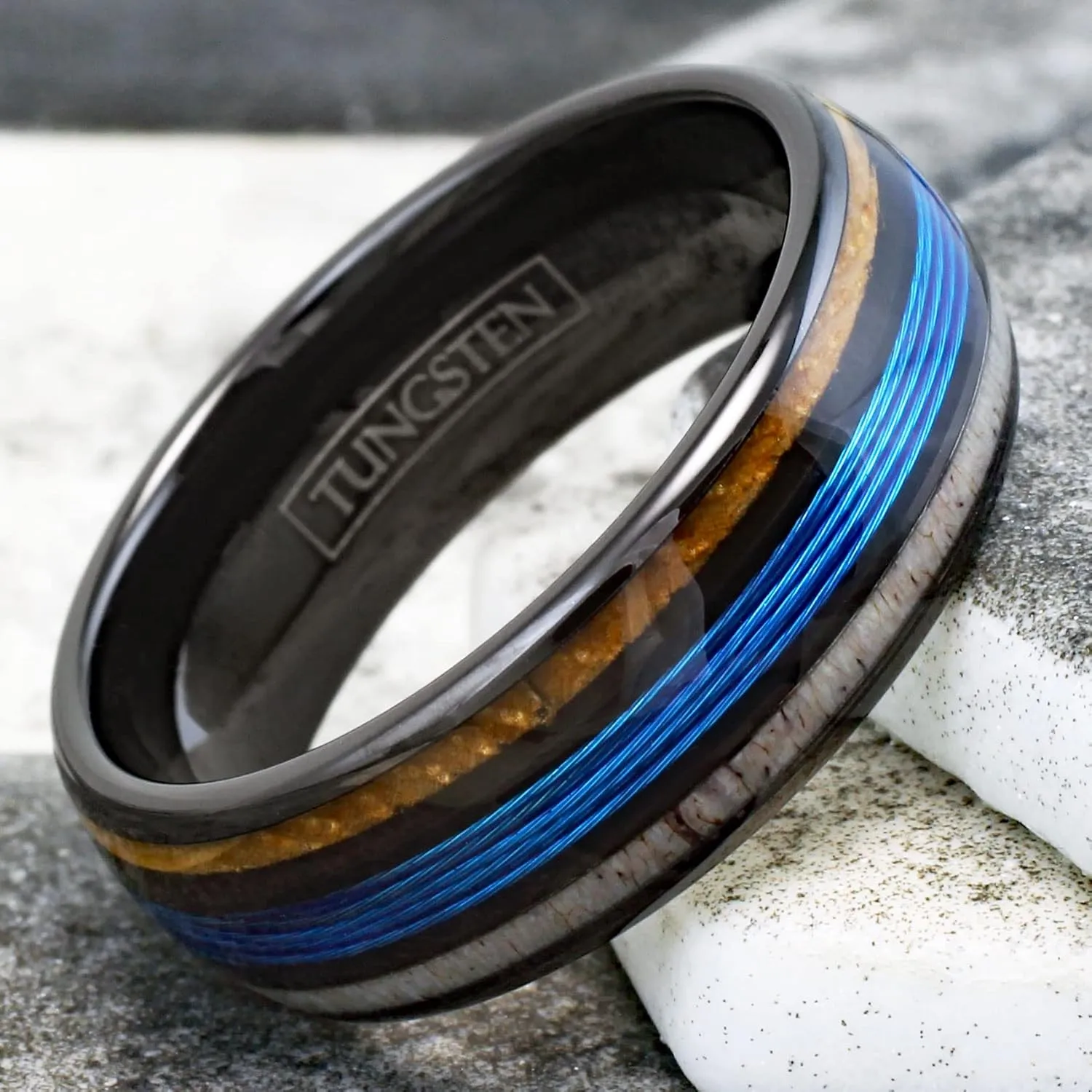 Stunning Unique 6mm/8mm Polished Black Tungsten Carbide Low Dome Band Ring with Fishing Line Between Whiskey Barrel Oak Wood and Deer Antler Inlays.
