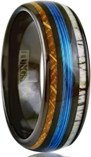 Stunning Unique 6mm/8mm Polished Black Tungsten Carbide Low Dome Band Ring with Fishing Line Between Whiskey Barrel Oak Wood and Deer Antler Inlays.
