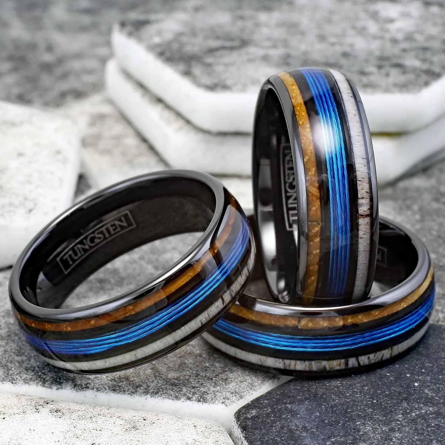 Stunning Unique 6mm/8mm Polished Black Tungsten Carbide Low Dome Band Ring with Fishing Line Between Whiskey Barrel Oak Wood and Deer Antler Inlays.