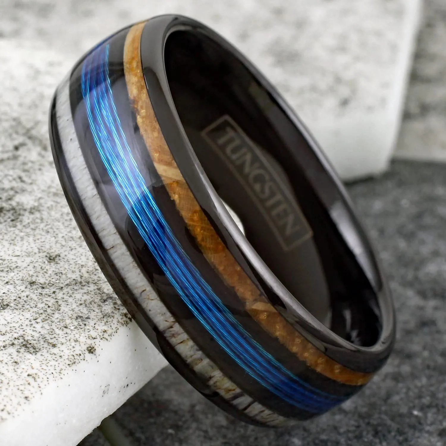 Stunning Unique 6mm/8mm Polished Black Tungsten Carbide Low Dome Band Ring with Fishing Line Between Whiskey Barrel Oak Wood and Deer Antler Inlays.