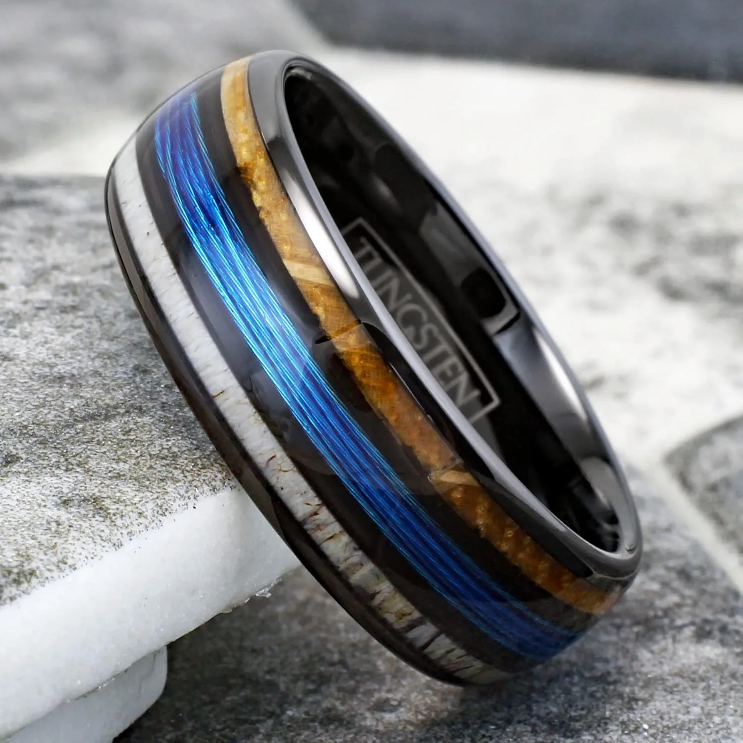 Stunning Unique 6mm/8mm Polished Black Tungsten Carbide Low Dome Band Ring with Fishing Line Between Whiskey Barrel Oak Wood and Deer Antler Inlays.