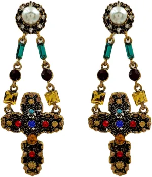 Stunning Vintage Link Chain Colored Crystal Cross Earrings