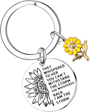 Sunflower Charm Round Pendant Inspirational Words Engraving Stainless Steel Keychain for Teen Girl Women Gifts