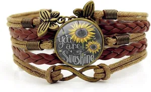 Sunflower Leather Bracelets Boho Sunflower Leather Wrap Bracelet Handmade Braided Rope Charms Sunflower Bracelet Multi Strand Bracelet Bohemian Leather Wrap Bracelets Gifts