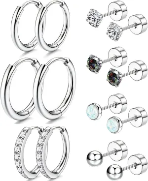 Surgical Steel Stud Earrings for Women, Hypoallergenic Flat Back Earrings for Sensitive Ears, Small Cartilage Huggie Hoop Earrings Ball CZ Opal Screw Back Stud Earrings for Women Men